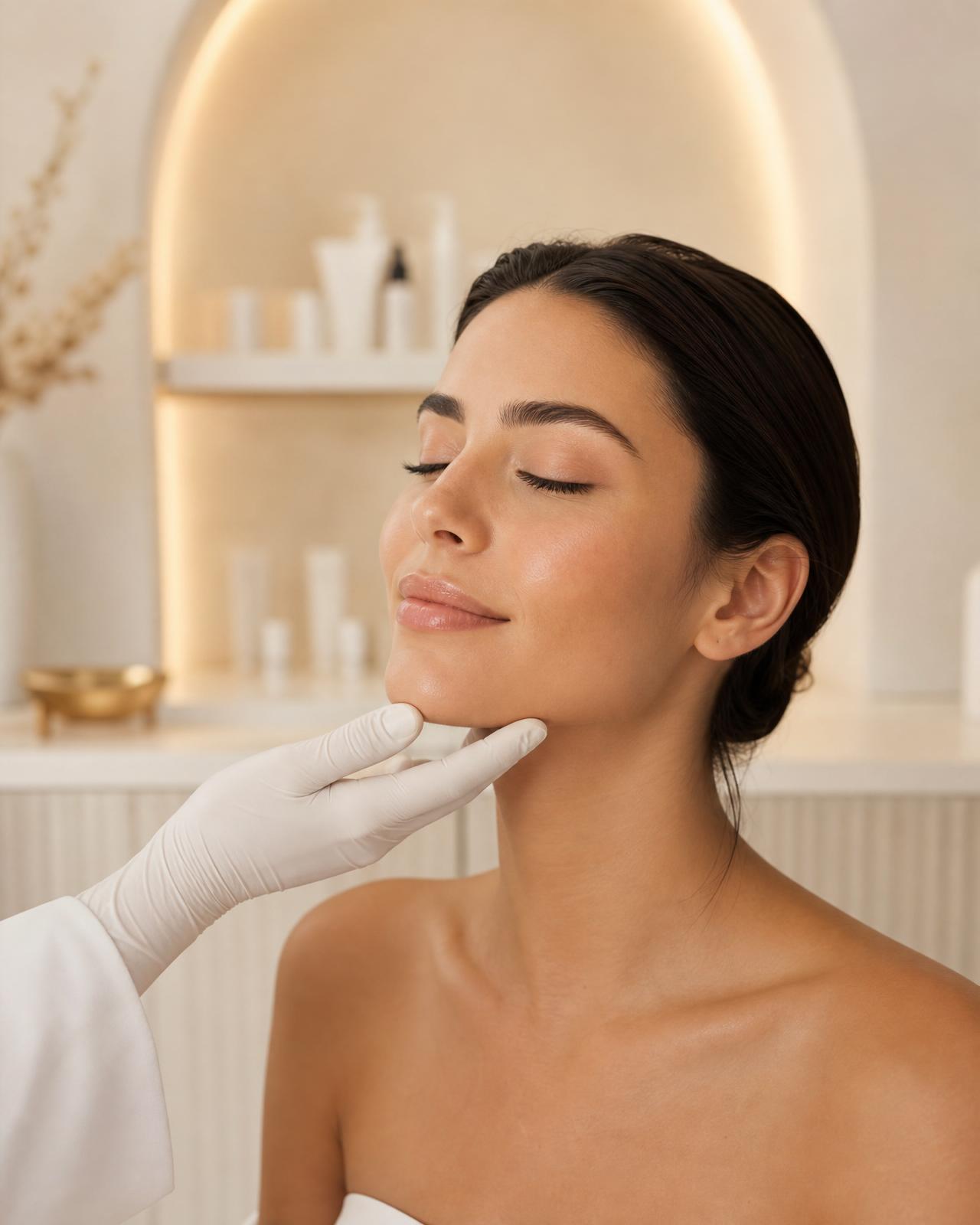 Aesthetician gently examining a client's skin at Lumea Laser & Skin